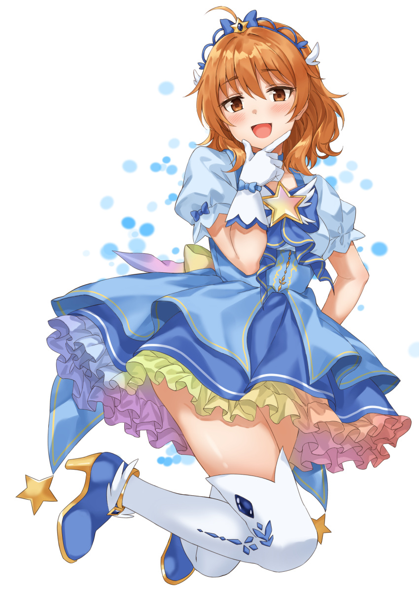 1girl absurdres ahoge araki_hina blue_choker blue_dress blush breasts brooch brown_eyes brown_hair choker cinderella_girls_gekijou collarbone dot_nose dress finger_to_own_chin full_body gloves gradient_dress hand_up high_heels highres idolmaster idolmaster_cinderella_girls idolmaster_cinderella_girls_starlight_stage jewelry looking_at_viewer magical_girl medium_breasts open_mouth short_hair short_sleeves simple_background sirurabbit smile solo star_(symbol) star_brooch thigh-highs tiara white_background white_gloves white_thighhighs