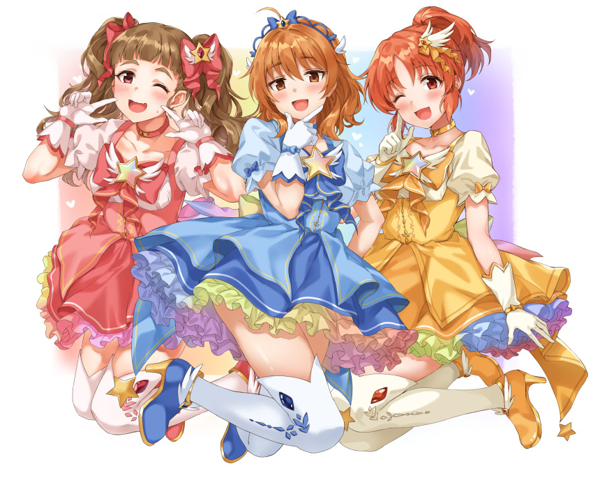 3girls ;d abe_nana absurdres ahoge araki_hina blue_choker blue_dress blunt_bangs blush bow bowtie breasts brooch brown_eyes brown_hair choker collarbone dot_nose dress finger_to_cheek finger_to_own_chin frilled_dress frills full_body gloves gradient_background gradient_dress hair_bow hair_ornament hair_ribbon hand_up hands_up heart high_heels highres idolmaster idolmaster_cinderella_girls idolmaster_cinderella_girls_starlight_stage index_finger_raised jewelry kamiya_nao long_hair looking_at_viewer magical_girl medium_breasts multicolored_background multiple_girls one_eye_closed open_mouth ponytail red_bow red_bowtie red_choker red_dress red_eyes red_ribbon ribbon short_hair short_sleeves shy simple_background sirurabbit smile star_(symbol) star_brooch star_hair_ornament sweatdrop thick_eyebrows thigh-highs tiara twintails wavy_mouth white_background white_gloves white_thighhighs wing_hair_ornament yellow_choker yellow_dress