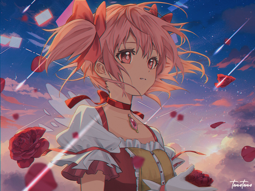 1girl blue_sky bright_pupils center_frills choker clouds cloudy_sky collarbone dot_nose flat_chest floating_hair flower frilled_sleeves frills gloves gradient_sky hair_ribbon highres holding holding_flower kaname_madoka light_particles light_smile looking_afar mahou_shoujo_madoka_magica mahou_shoujo_madoka_magica_(anime) meteor_shower outdoors parted_lips petals pink_eyes pink_hair pink_ribbon pink_sky puffy_short_sleeves puffy_sleeves purple_sky red_choker red_flower red_ribbon red_rose ribbon ribbon_choker rose rose_petals ruibluesky short_sleeves short_twintails sky solo soul_gem sparkle sun sunlight sunset tareme transparent_wings twintails upper_body white_gloves white_pupils wings