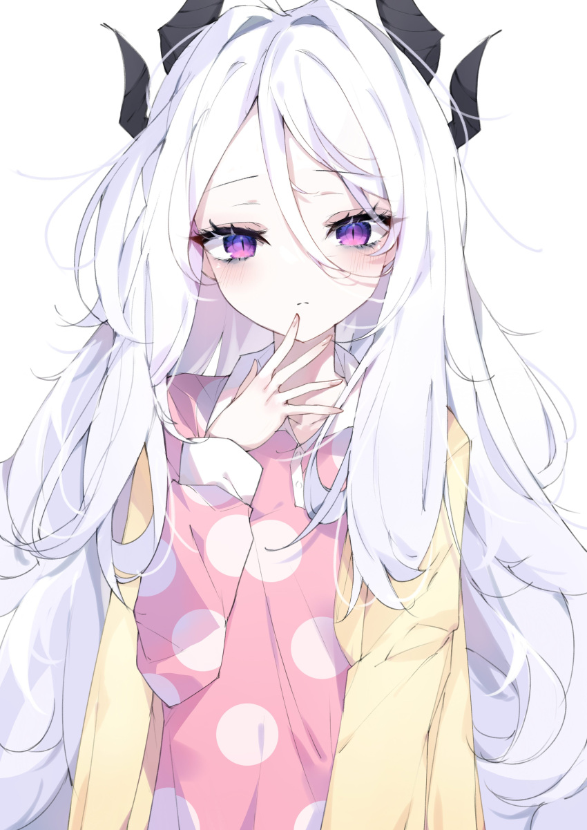 1girl absurdres bags_under_eyes blue_archive blush coat coat_on_shoulders demon_horns eyelashes finger_to_mouth highres hina_(blue_archive) horns looking_at_viewer messy_hair open_mouth pajamas shigureszku solo white_background white_hair