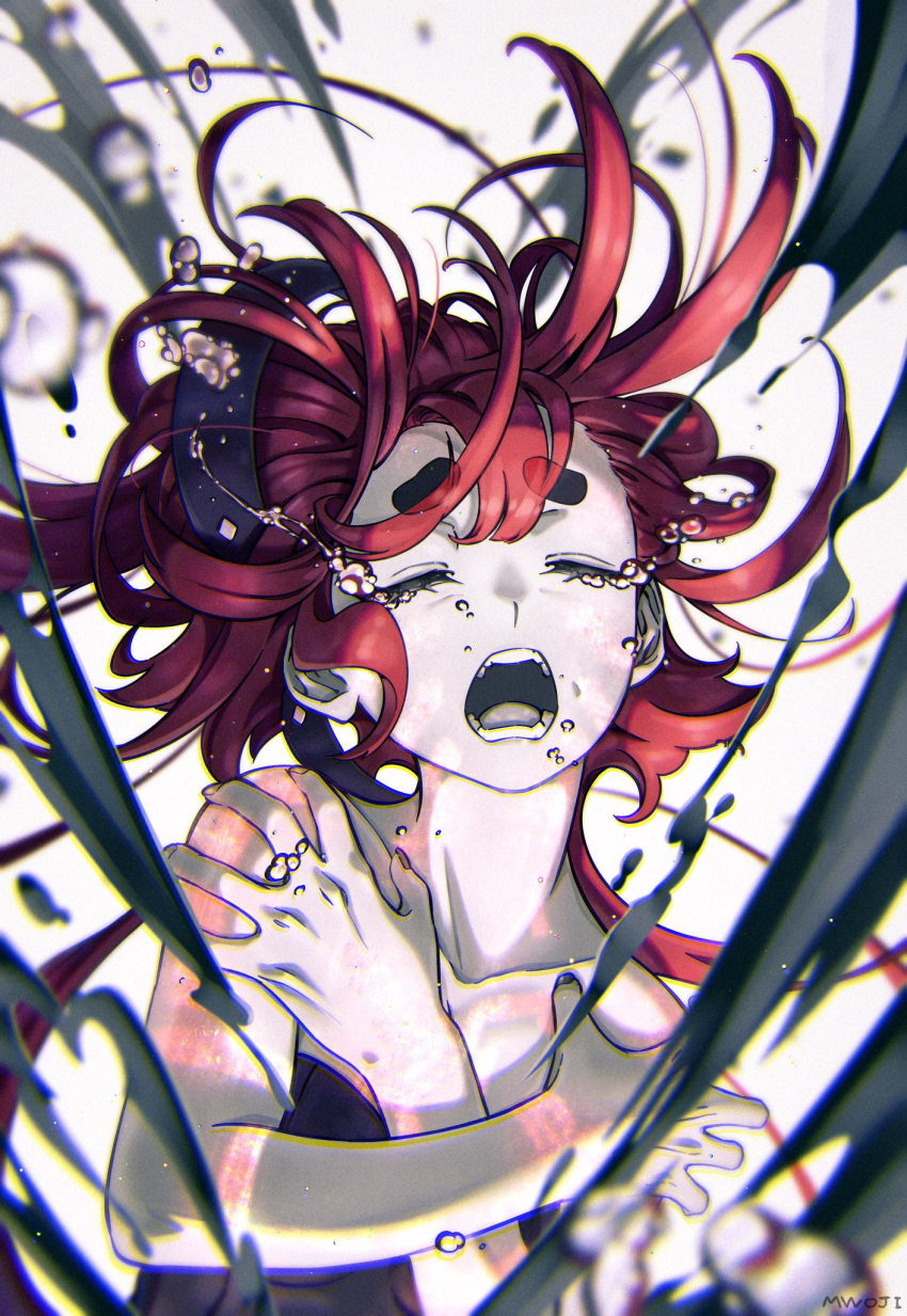 1girl crying dress floating floating_hair gundam gundam_suisei_no_majo highres hug jewelry long_hair mwoji open_mouth redhead ring solo_focus strapless strapless_dress suletta_mercury tears