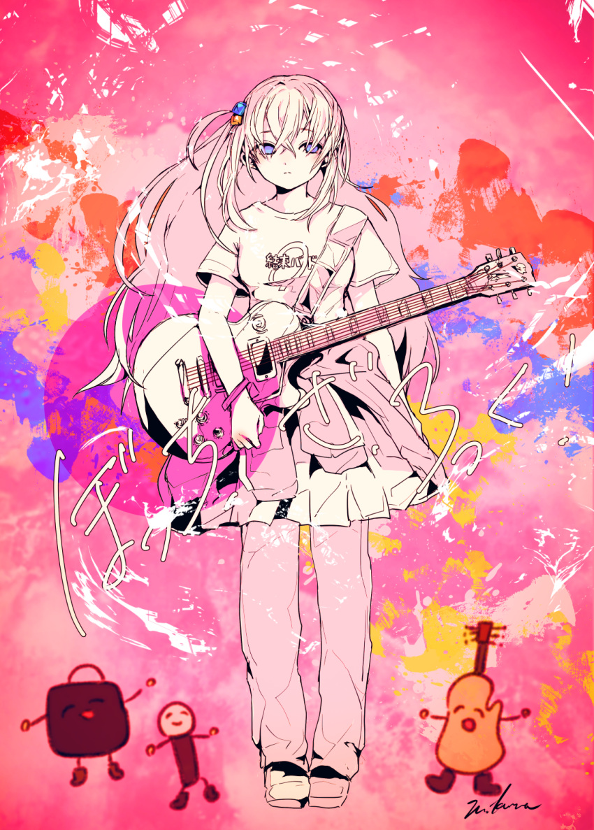 1girl 3kuma blue_eyes bocchi_the_rock! bracelet cube_hair_ornament frown gotou_hitori guitar hair_ornament highres holding holding_instrument instrument jewelry long_hair multicolored_background one_side_up pants pants_under_skirt pink_hair skirt solo translation_request