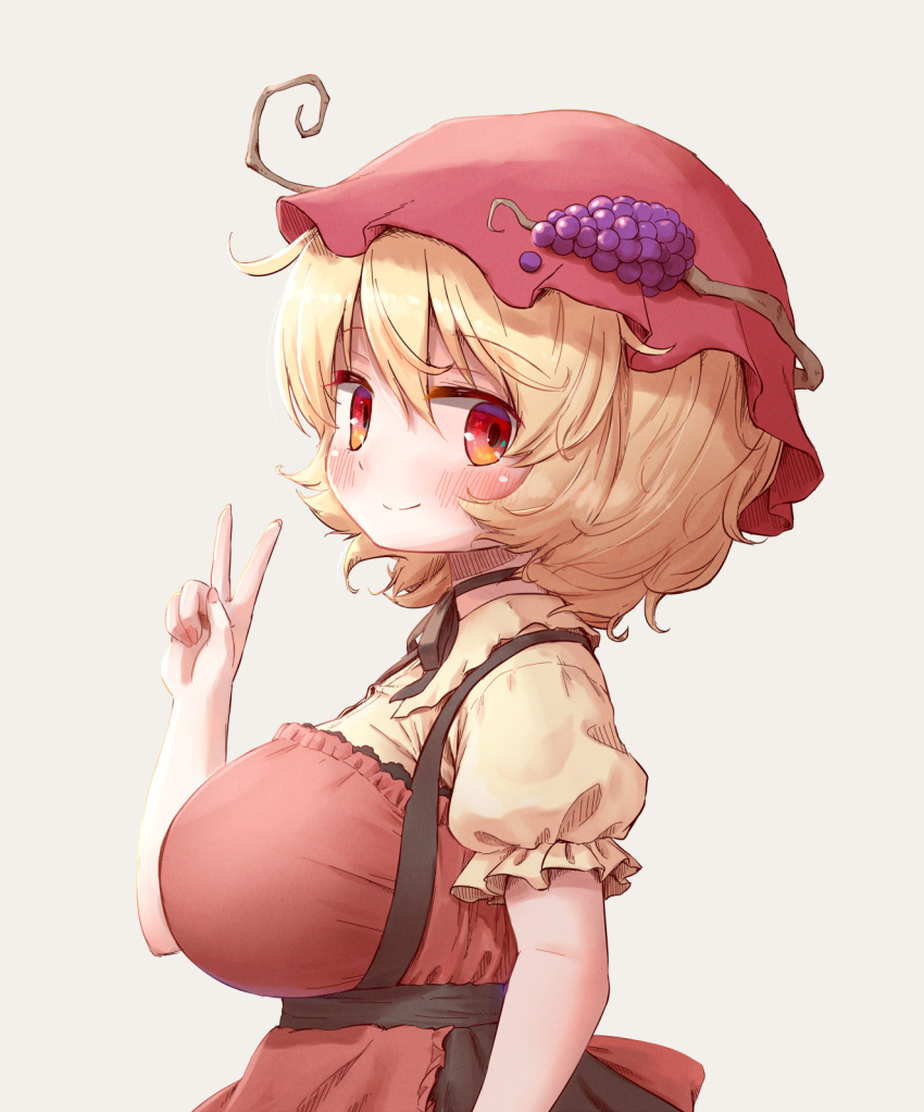 1girl aki_minoriko apron arinu black_skirt blonde_hair blush breasts closed_mouth fingernails frilled_sleeves frills from_side fruit_hat_ornament grape_hat_ornament grey_background hat hat_ornament highres large_breasts looking_at_viewer mob_cap red_apron red_eyes red_headwear shirt short_hair short_sleeves simple_background skirt smile solo touhou v yellow_shirt