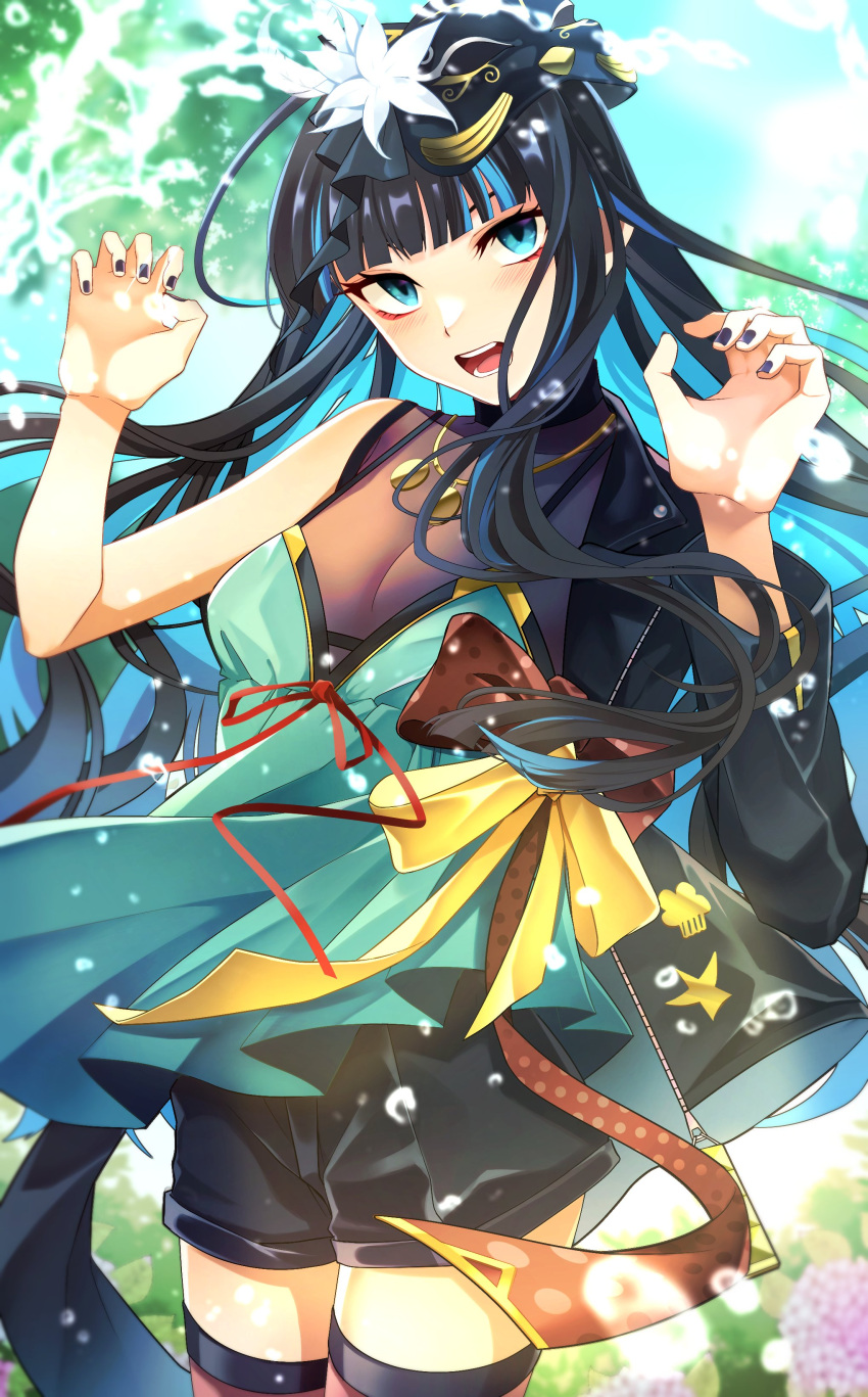 1girl absurdres aqua_dress black_hair black_jacket black_mask black_nails black_shorts blue_eyes blue_hair blush colored_inner_hair commentary_request dress eyeshadow fate/grand_order fate_(series) fingernails flower hair_flower hair_ornament highres jacket long_hair looking_at_viewer makeup mask mask_on_head morita_yuu multicolored_hair official_alternate_costume open_mouth red_eyeshadow shorts solo teeth tenochtitlan_(fate) two-tone_hair wavy_hair white_flower