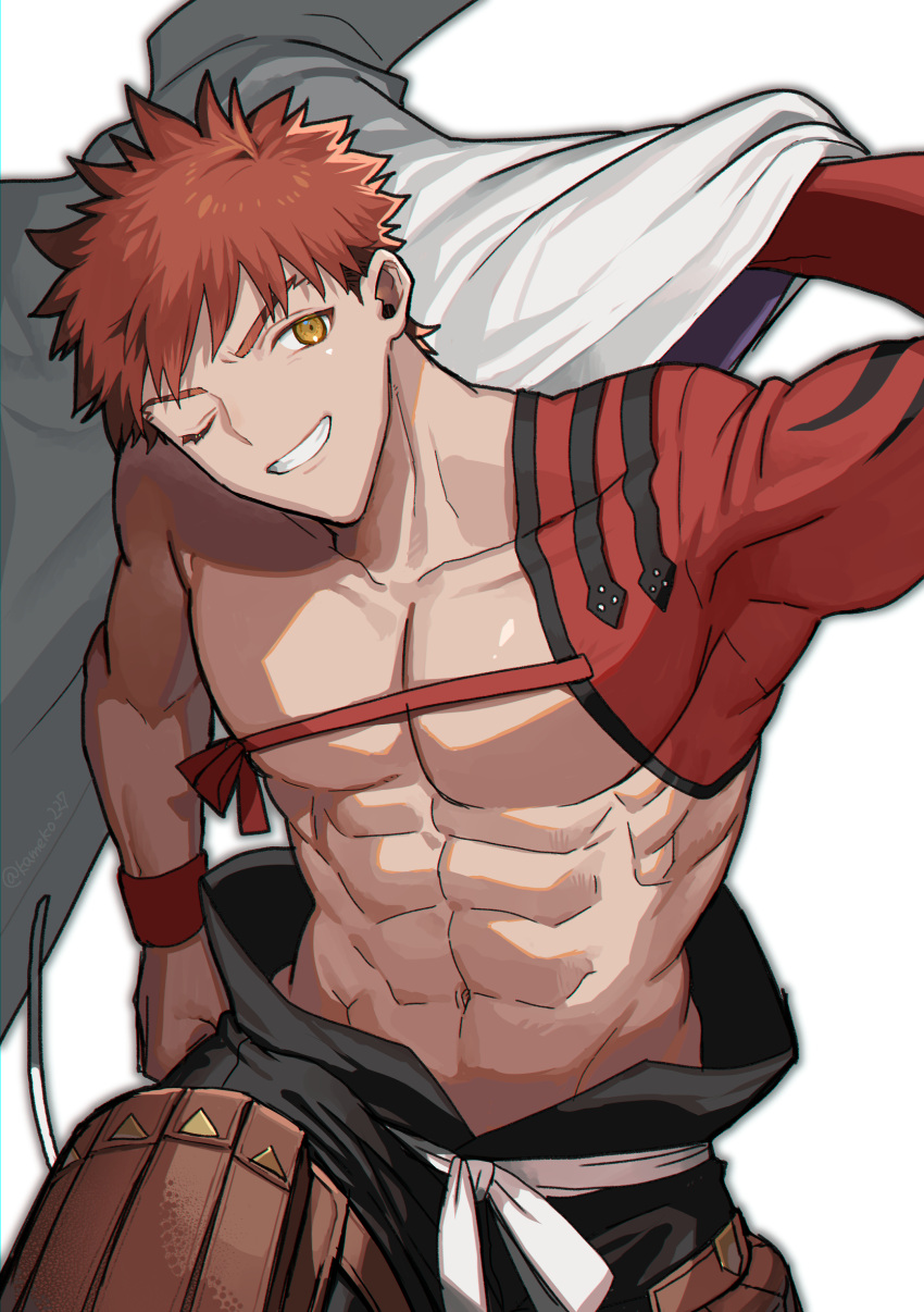 1boy abs bare_pectorals cape cowboy_shot emiya_shirou fate/grand_order fate_(series) highres igote japanese_clothes looking_at_viewer male_focus nagatekkou none_(kameko227) one_eye_closed pectorals redhead senji_muramasa_(fate) short_hair simple_background single_bare_shoulder smile solo topless_male white_background white_cape wristband yellow_eyes