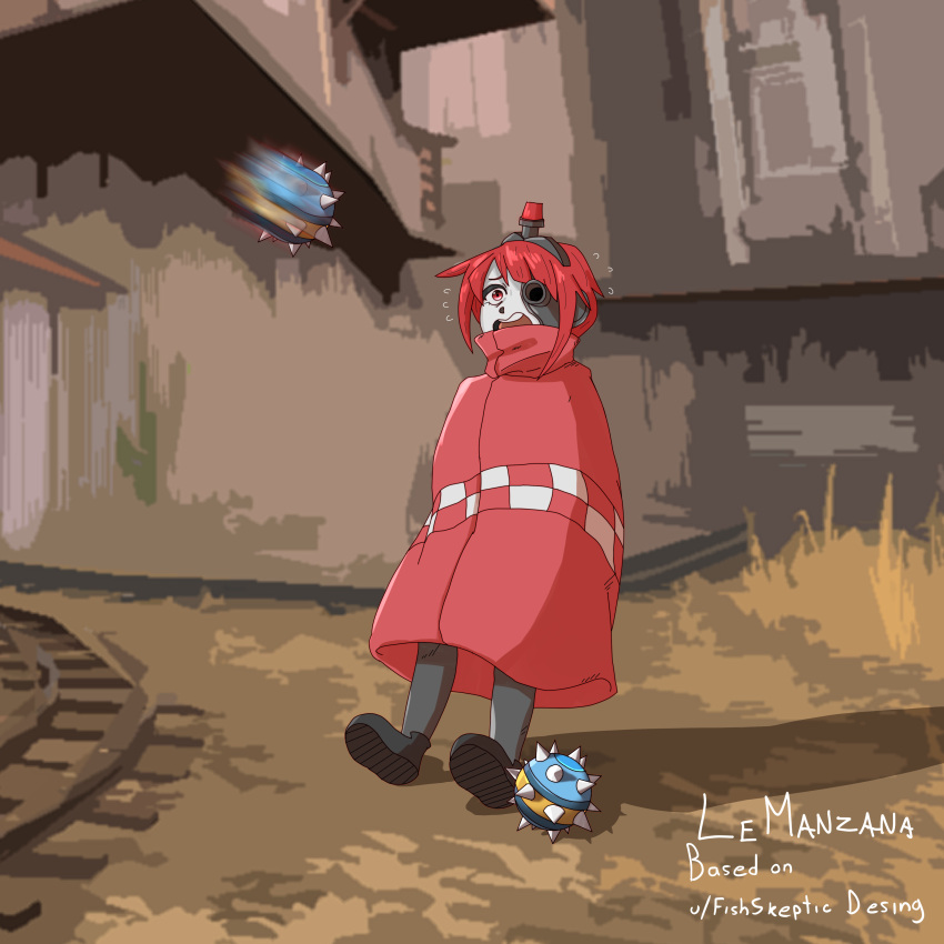 1girl absurdres alarm_siren artist_name blunt_bangs borrowed_character checkered_clothes cloak commentary english_commentary explosive flying_sweatdrops highres lemanzana mini-sentry-chan_(fizzywattr) motion_blur one-eyed open_mouth original outdoors personification railroad_tracks red_cloak red_eyes redhead robot_girl shadow shoe_soles short_hair solo spikes standing team_fortress_2 teeth upper_teeth_only weapon