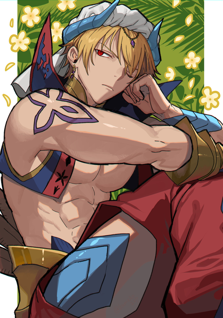 1boy abs bare_pectorals bare_shoulders blonde_hair cropped_vest earrings fate/grand_order fate_(series) floral_background gauntlets gilgamesh_(caster)_(fate) gilgamesh_(fate) hair_between_eyes hand_on_own_face highres jewelry legs_up looking_at_viewer male_focus no_shirt none_(kameko227) one_eye_closed pectorals red_eyes short_hair shoulder_tattoo single_gauntlet sitting sleeveless solo tattoo turban vest wristband