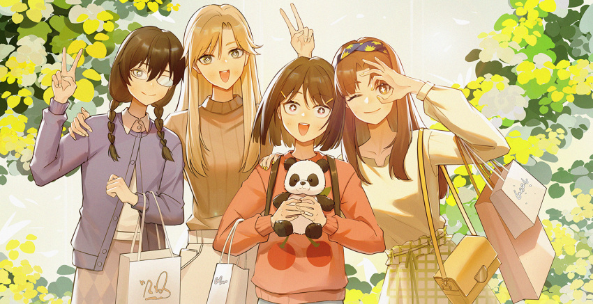 +_+ 1girl 4girls :d bag blonde_hair blue_jacket braid brown_hair brown_shirt calla10 cherry_print commentary day egashira_mika food_print glasses hair_ornament hairband hairclip handbag iwakura_mitsumi jacket kurume_makoto long_hair long_sleeves looking_at_viewer multiple_girls murashige_yuzuki outdoors panda pink_shirt plaid plaid_skirt shirt shopping_bag skip_to_loafer skirt smile twin_braids twintails v white_shirt