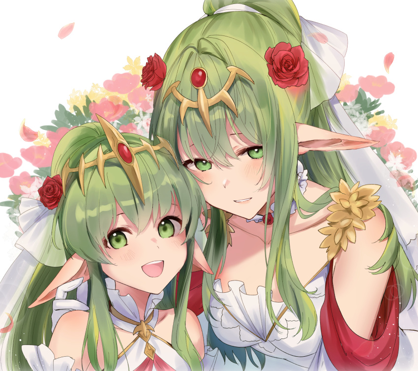 2girls bare_shoulders breasts bridal_veil dress dual_persona fire_emblem fire_emblem:_mystery_of_the_emblem fire_emblem_awakening green_eyes green_hair haru_(nakajou-28) highres holding long_hair looking_at_viewer medium_breasts multiple_girls official_alternate_costume open_mouth pointy_ears ponytail smile tiara tiki_(adult)_(bridal)_(fire_emblem) tiki_(adult)_(fire_emblem) tiki_(fire_emblem) tiki_(young)_(bridal)_(fire_emblem) tiki_(young)_(fire_emblem) veil wedding_dress white_dress