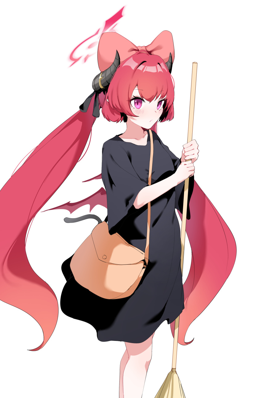 1girl absurdres alternate_costume bag black_dress black_horns blue_archive blush bow broom cat_tail closed_mouth cosplay demon_girl demon_horns demon_wings dress hair_between_eyes hair_bow hairband halo highres holding horns junko_(blue_archive) kiki_(majo_no_takkyuubin) kiki_(majo_no_takkyuubin)_(cosplay) long_hair looking_at_viewer low_wings pink_eyes plentyofempty red_bow red_wings redhead simple_background solo standing tail twintails very_long_hair white_background wings