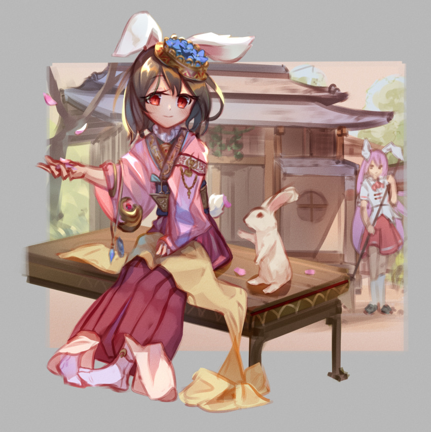2girls alternate_costume animal_ears architecture bench blue_flower blue_sash broom brown_hair closed_mouth commentary crown east_asian_architecture english_commentary falling_petals flat_chest flower full_body highres holding holding_broom inaba_tewi japanese_clothes kimono long_hair looking_at_viewer medium_bangs multiple_girls obi pagoda petals pink_kimono pink_skirt purple_hair rabbit rabbit_ears rabbit_girl rabbit_tail red_eyes reisen_udongein_inaba sash shirt short_hair sitting skirt smile socks solo_focus standing sweeping tabi tail tlobtr touhou very_long_hair white_shirt white_socks wide_sleeves