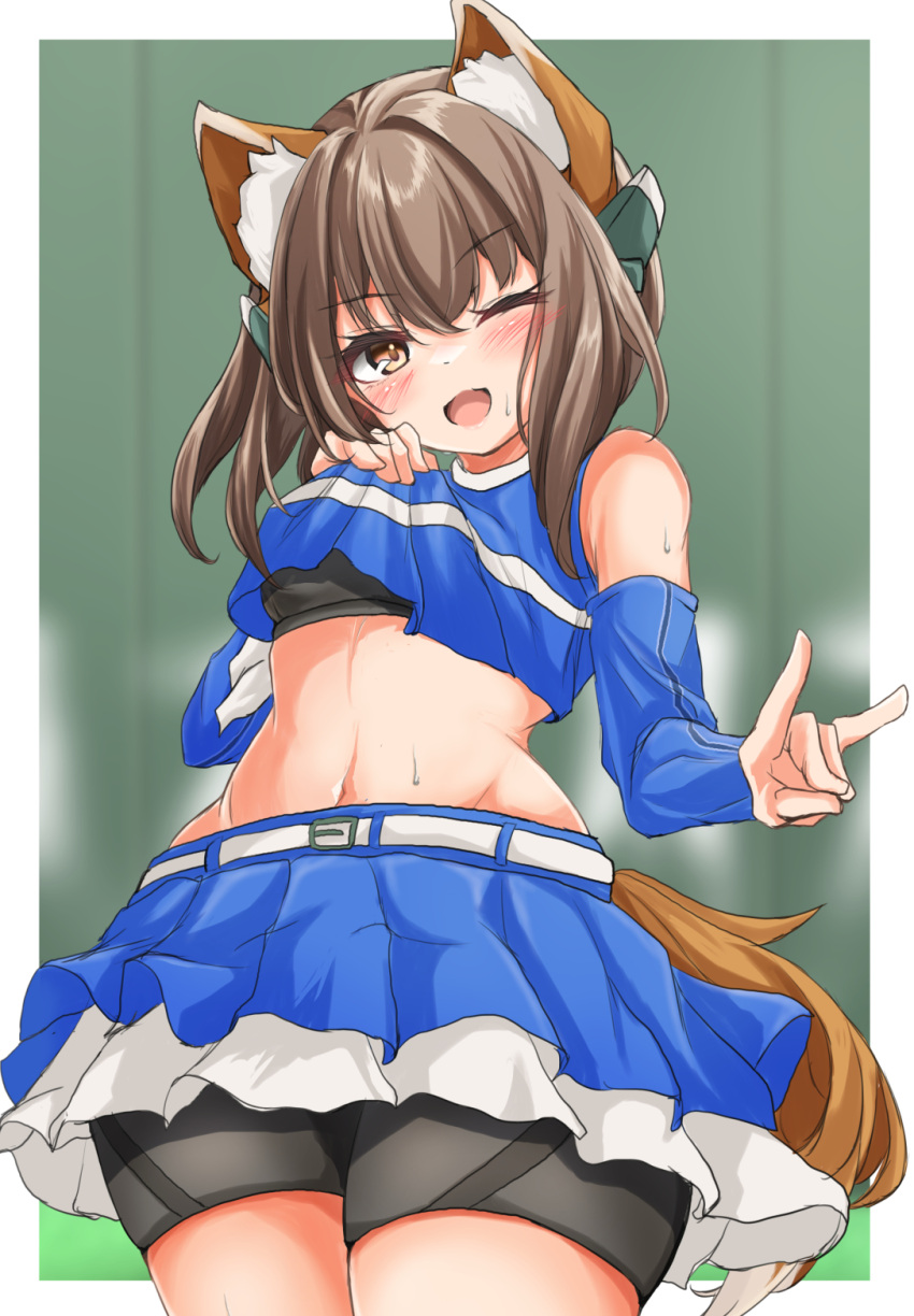 1girl alternate_costume animal_ears bike_shorts_under_skirt blue_shirt brown_hair cheerleader crop_top detached_sleeves fox_ears fox_shadow_puppet fox_tail highres hokkaido_nippon-ham_fighters kantai_collection kasashi_(kasasi008) kitsune_dance layered_skirt midriff nippon_professional_baseball one_eye_closed shirt short_hair short_hair_with_long_locks shorts shorts_under_skirt skirt sleeveless sleeveless_shirt solo sweat taihou_(kancolle) tail