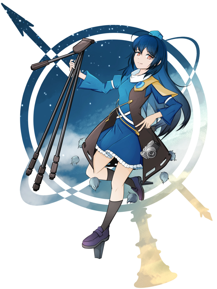 1girl absurdres ahoge armor blue_dress blue_hair blue_headwear breasts camera chess_piece closed_mouth clouds commentary_request dark_blue_hair dress full_body geta hair_between_eyes hand_on_own_hip hat highres holding_tripod iizunamaru_megumu juliet_sleeves light_smile long_hair long_sleeves looking_at_viewer night night_sky pauldrons petticoat pink_eyes pom_pom_(clothes) puffy_sleeves shoulder_armor single_pauldron sky small_breasts solo standing standing_on_one_leg star_(sky) tengu-geta tokin_hat touhou transparent_background trefle v very_long_hair waistcoat