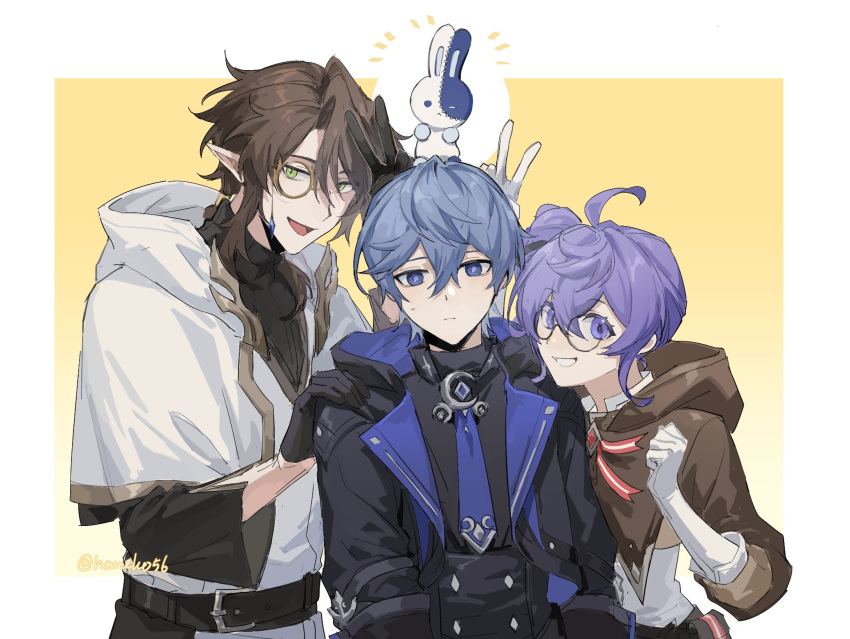 1girl 2boys ahoge akabane_yu animal animal_on_head belt belt_buckle black_belt black_gloves black_jacket black_shirt black_sweater blue_eyes blue_hair blush border brown_hair brown_jacket buckle clamor_(elsword) elbow_gloves elf elsword glasses gloves green_eyes grin hair_bun hand_on_another's_shoulder height_difference highres hood hood_down hooded_jacket jacket liberator_(elsword) looking_at_viewer monocle multiple_boys necktie noah_ebalon on_head open_clothes open_jacket open_mouth outside_border pointy_ears purple_hair rabbit ribbed_sweater robe shirt sidelocks single_side_bun smile sweatdrop sweater turtleneck turtleneck_sweater twitter_username v violet_eyes white_border white_gloves white_robe yellow_background yuria_landar