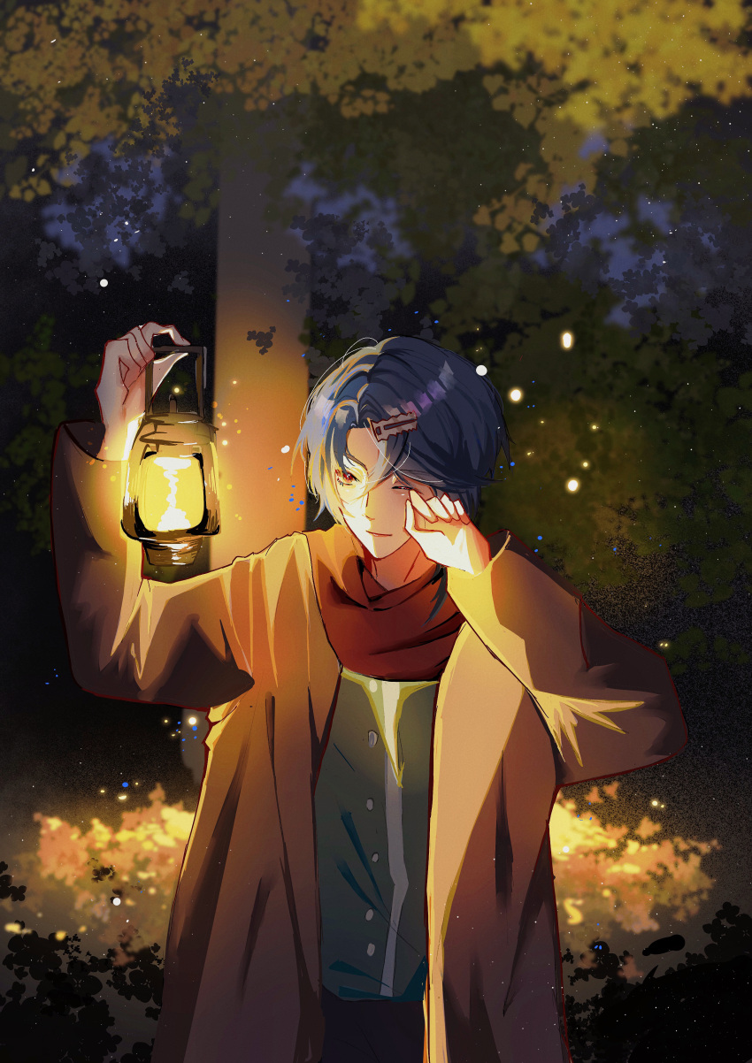 1boy absurdres alcryst_(fire_emblem) alternate_costume blue_hair buttons coat fire_emblem fire_emblem_engage hair_ornament hairclip highres holding lamp long_sleeves oil_lamp one_eye_closed open_clothes open_coat red_eyes scarf short_hair solo tree user_pvt3409