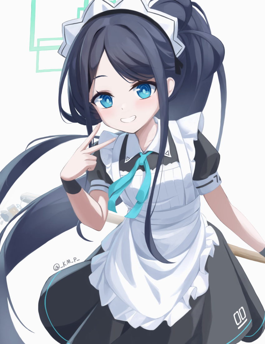 1girl absurdres apron aris_(blue_archive) aris_(maid)_(blue_archive) black_hair blue_archive blue_eyes halo highres kenma_pro looking_at_viewer maid maid_apron maid_headdress official_alternate_costume official_alternate_hairstyle simple_background white_background