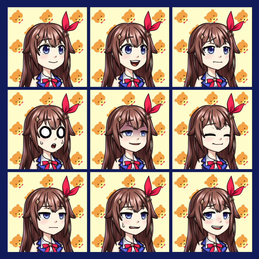 0_0 1girl absurdres ankimo_(tokino_sora) blue_eyes brown_hair closed_eyes commentary empty_eyes english_commentary expressionless hair_ornament highres hololive jqhnharqld multiple_views nervous open_mouth patterned_background shaded_face smile star_(symbol) star_hair_ornament sweat sweatdrop tokino_sora virtual_youtuber