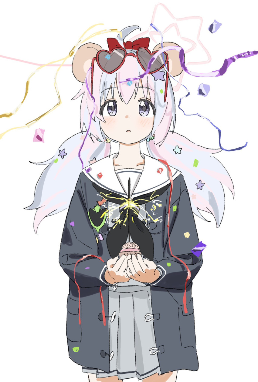 1girl ahoge animal_ears beads black_coat black_neckerchief blue_archive blush coat confetti cowboy_shot cupcake eyewear_on_head fake_animal_ears fireworks food gomibako_(gomibako_price) grey_shirt grey_skirt hair_beads hair_ornament heart heart-shaped_eyewear highres holding holding_food long_hair looking_at_viewer low_twintails multicolored_hair neckerchief open_clothes open_coat parted_lips party pleated_skirt reisa_(blue_archive) sailor_collar school_uniform serafuku shirt simple_background skirt solo sparkler star_(symbol) star_hair_ornament streamers sunglasses tareme twintails two-tone_hair violet_eyes white_background white_sailor_collar