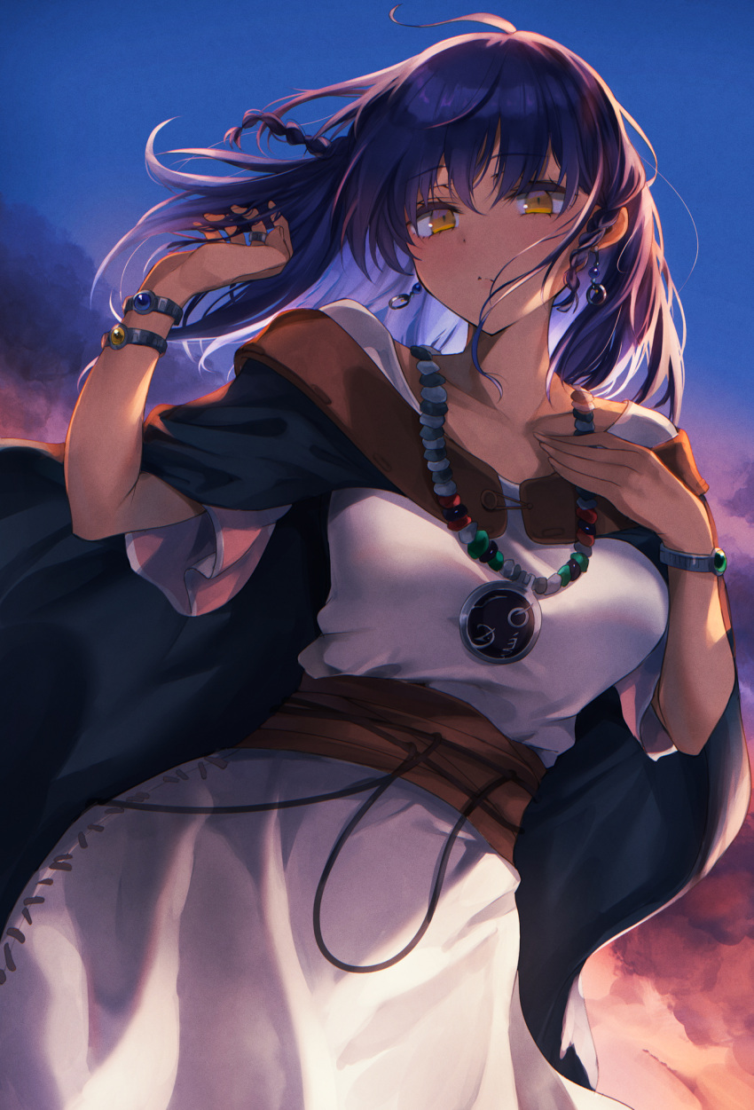 1girl blue_hair bracelet cape character_request copyright_request dark-skinned_female dark_skin dress earrings evening highres jewelry necklace outdoors puru_(ex-150) ring sky sky_background solo yellow_eyes