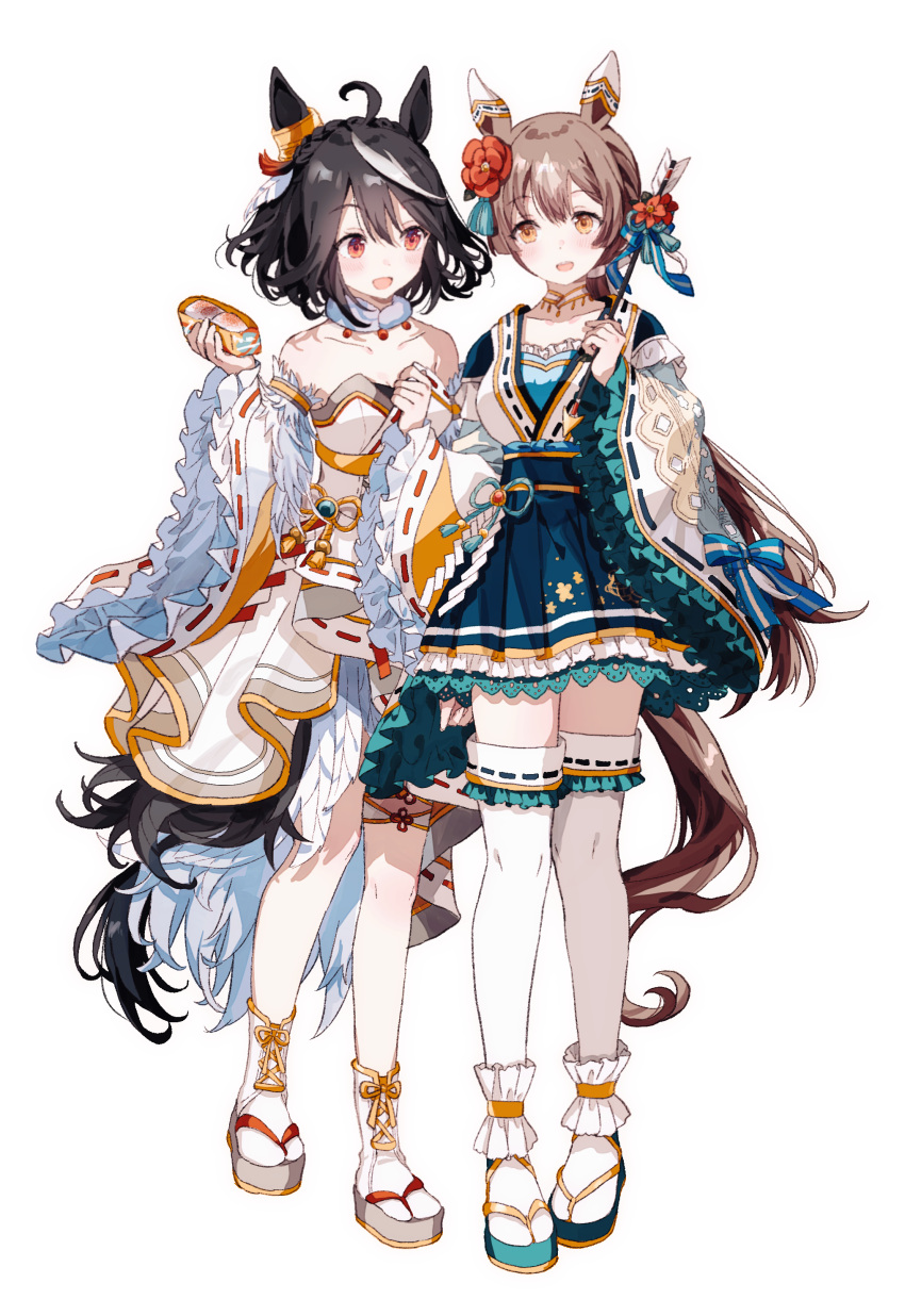 2girls :d absurdres ahoge animal_ears arrow_(projectile) bare_shoulders black_hair brown_eyes brown_hair detached_sleeves flower food frilled_skirt frilled_sleeves frills full_body geta hair_flower hair_ornament hamaya happy_new_future_(umamusume) highres holding holding_arrow horse_ears horse_girl horse_tail kitasan_black_(jubilant_star_auspicious_crane)_(umamusume) kitasan_black_(umamusume) long_hair low_ponytail migolu mochi multicolored_hair multiple_girls official_alternate_costume okobo pleated_skirt red_eyes satono_diamond_(floral_star_prosperous_green)_(umamusume) satono_diamond_(umamusume) short_hair simple_background skirt smile standing streaked_hair tabi tail thigh-highs two-tone_hair umamusume very_long_hair white_background white_hair white_thighhighs wide_sleeves