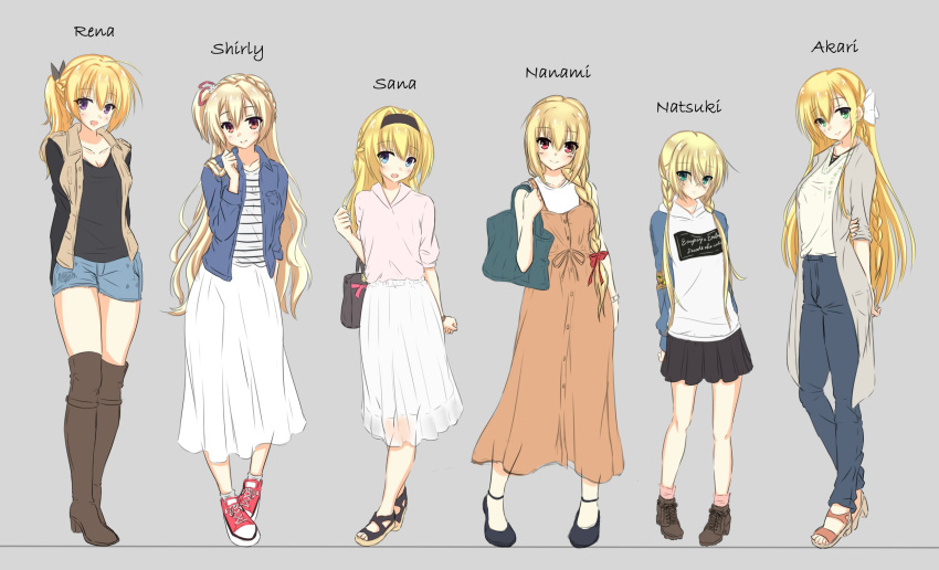 6+girls :d ahoge alternate_costume alternate_hairstyle amairo_islenauts arihara_nanami bag black_footwear black_hairband black_shirt blonde_hair blue_eyes blue_jacket blush boots bow braid brown_eyes brown_footwear casual character_name chitose_sana clenched_hand color_connection commentary company_connection crossover crown_braid double-parted_bangs dress empty_x_embryo full_body green_eyes green_jacket grey_background hair_between_eyes hair_bow hair_color_connection hair_intakes hair_ribbon hairband half_updo hand_up handbag head_tilt height_difference highres hirocchi hood hooded_jacket jacket kanemoto_akari knee_boots kono_natsuki lena_liechtenauer light_blush long_hair looking_at_viewer low_twintails miniskirt multiple_girls noble_works one_side_up open_clothes open_jacket open_mouth orange_dress pink_shirt pleated_skirt ponytail red_bow red_eyes red_ribbon ribbon riddle_joker sandals senren_banka shirley_warwick shirt short_hair simple_background single_braid skirt sleeveless sleeveless_dress smile straight_hair tenshinranman twin_braids twintails very_long_hair violet_eyes wavy_hair white_ribbon white_shirt white_skirt yuzu-soft