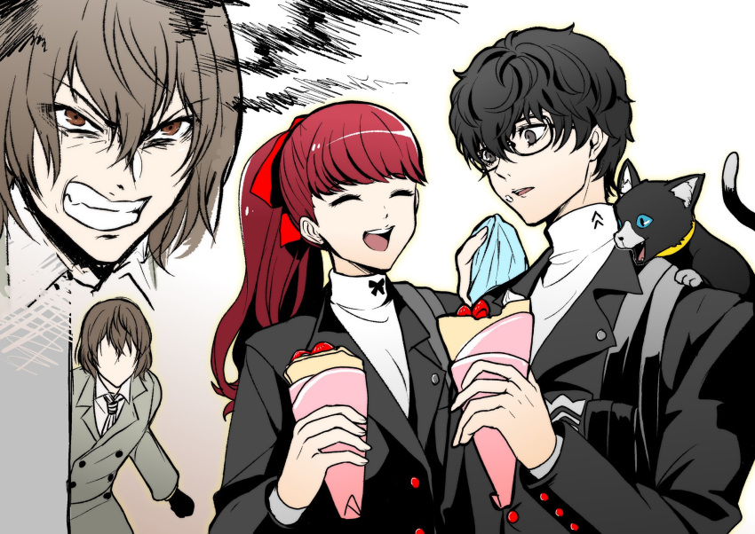 1girl 2boys akechi_gorou amamiya_ren bag black_cat black_eyes black_hair black_jacket blue_eyes brown_eyes brown_hair cat clenched_teeth closed_eyes crepe food food_on_face glasses highres holding holding_food igusaharu jacket jealous long_hair morgana_(persona_5) multiple_boys multiple_views open_mouth persona persona_5 persona_5_the_royal ponytail redhead school_uniform shuujin_academy_school_uniform simple_background teeth yoshizawa_kasumi