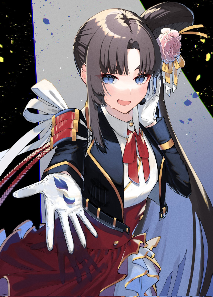 1girl alternate_costume black_hair black_suit blue_eyes commentary_request eyeshadow fate/grand_order fate_(series) flower formal gloves hair_bun hair_flower hair_ornament highres long_hair long_sleeves looking_at_viewer makeup neck_ribbon o_mochi_(usami31mi) parted_bangs petals pink_flower reaching reaching_towards_viewer red_eyeshadow red_ribbon red_skirt ribbon side_ponytail single_hair_bun skirt smile solo suit ushiwakamaru_(fate) very_long_hair white_gloves