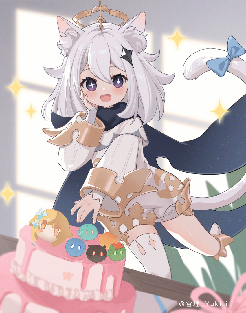 +_+ absurdres animal_ear_fluff animal_ears aqua_ribbon artist_name asymmetrical_legwear blush boots cake cape cat_ears cat_tail commentary commentary_request crown day english_commentary floating food genshin_impact gold_trim gradient_cape hair_between_eyes hair_flaps hair_ornament hand_on_own_cheek hand_on_own_face highres indoors long_hair long_sleeves looking_at_viewer lumine_(genshin_impact) mixed-language_commentary open_mouth paimon_(genshin_impact) paimon_(magi) ribbon shade sidelocks single_thighhigh slime_(genshin_impact) smile star-shaped_pupils star_(symbol) swept_bangs symbol-only_commentary symbol-shaped_pupils table tail tail_ornament tail_ribbon thigh-highs twitter_username wall white_footwear white_hair white_thighhighs wide_sleeves yukiri_(l_ii)
