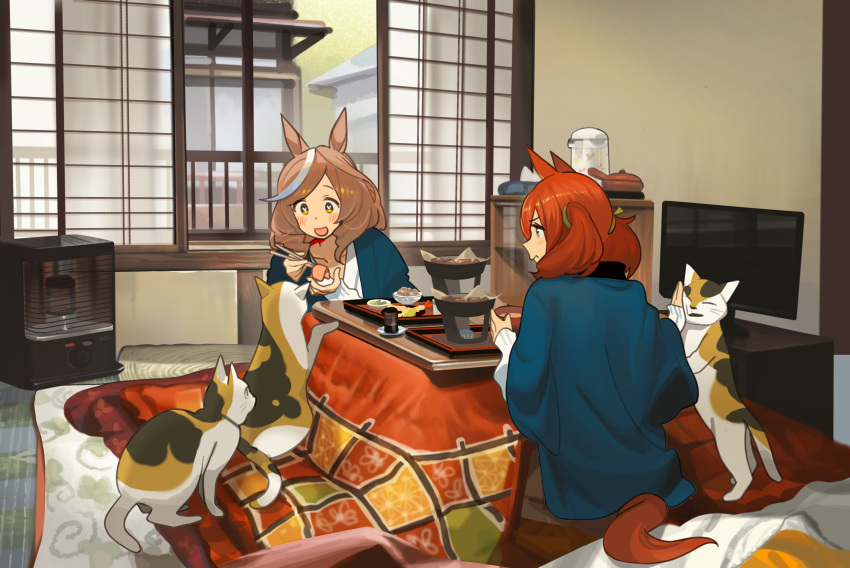 2girls absurdres animal_ears ashinowoto blue_kimono brown_hair calico cat chopsticks highres holding holding_chopsticks horse_ears horse_girl horse_tail japanese_clothes kimono kotatsu matikane_tannhauser_(umamusume) multicolored_hair multiple_girls nice_nature_(umamusume) open_mouth redhead smile space_heater streaked_hair table tail television umamusume white_hair window yukata