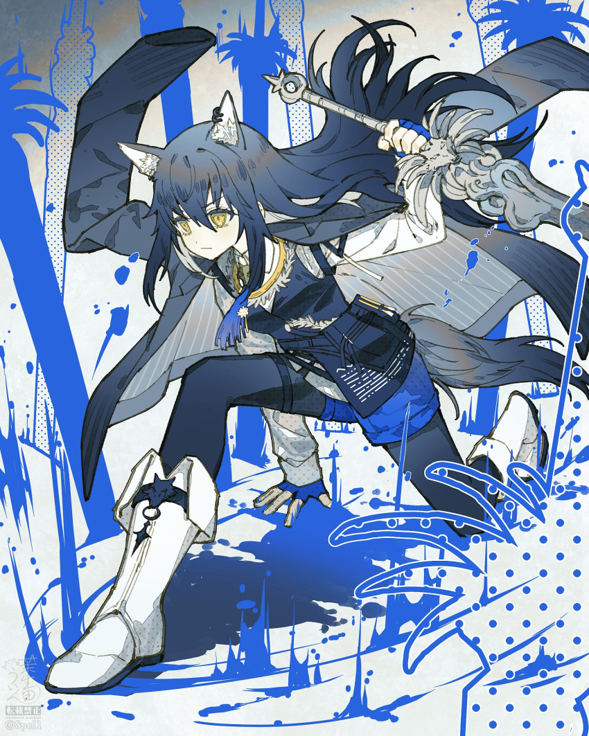 1girl 3pel1 animal_ears arknights arm_support ascot black_coat black_hair black_leggings black_vest blue_ascot blue_gloves blue_shorts boots closed_mouth coat coat_on_shoulders colored_shadow commentary_request dress_shirt energy_sword fingerless_gloves floating_hair full_body gloves halftone highres holding holding_sword holding_weapon leggings long_hair long_sleeves looking_ahead on_one_knee pinstripe_pattern planted planted_sword reverse_grip serious shadow shirt short_shorts shorts solo striped sword tail texas_(arknights) texas_the_omertosa_(arknights) vest weapon white_footwear white_shirt wolf_ears wolf_girl wolf_tail yellow_eyes