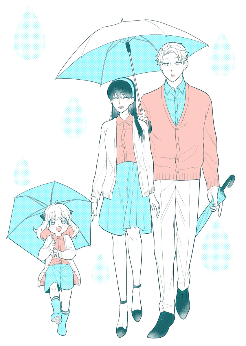 1boy anya_(spy_x_family) black_hair breasts closed_umbrella hairband highres holding holding_umbrella husband_and_wife long_hair long_sleeves open_mouth outdoors rain shared_umbrella shirt simple_background smile spy_x_family sunbo_zatta twilight_(spy_x_family) umbrella yor_briar