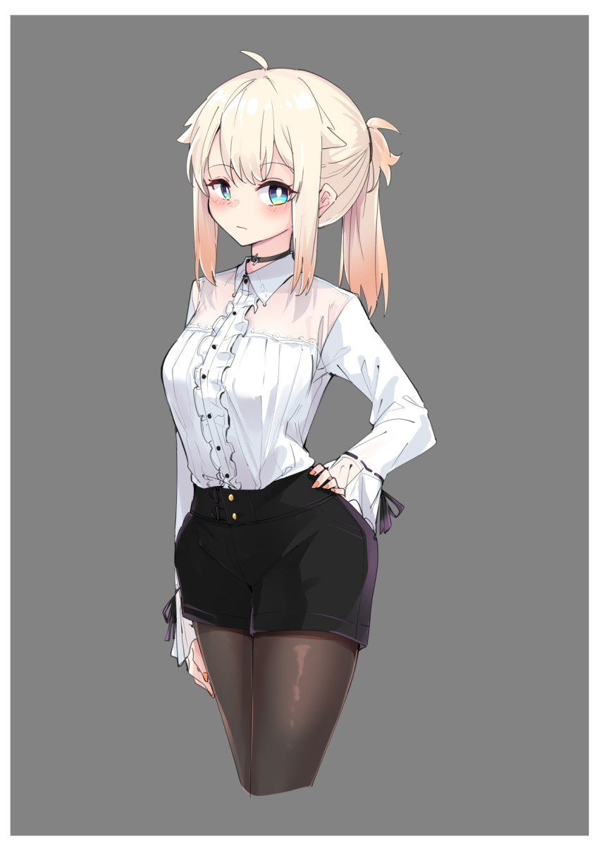 1girl blue_eyes blush breasts cevio choker collared_shirt hand_on_own_hip highres long_sleeves one_(cevio) pantyhose ponytail shirt sidelocks skirt solo voiceroid white_shirt zooanime
