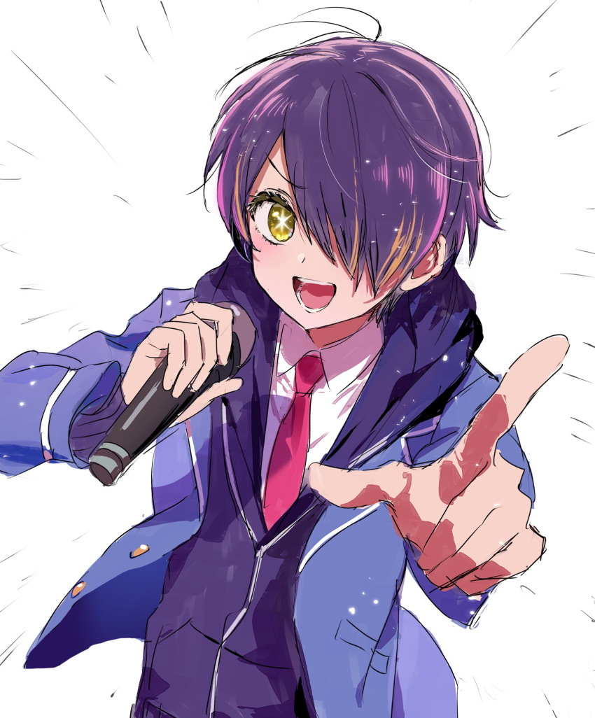 1boy blonde_hair buttons collared_shirt dohyo123123 ensemble_stars! hair_over_one_eye highres holding holding_microphone jacket long_sleeves looking_at_viewer male_focus microphone multicolored_hair necktie open_clothes open_jacket open_mouth oshi_no_ko pointing purple_hair red_necktie school_uniform sengoku_shinobu shirt short_hair solo star_(symbol) star_in_eye streaked_hair symbol_in_eye teeth upper_body white_background white_shirt yellow_eyes yumenosaki_school_uniform