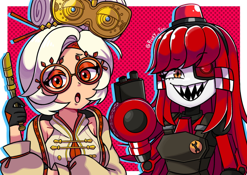 1girl 2girls alarm_siren arm_cannon artist_name black_gloves borrowed_character breasts commentary crosshair_pupils english_commentary eyeshadow eyewear_on_head flute glasses gloves hair_bun hair_ornament hair_stick heterochromia highres holding holding_instrument instrument joints large_breasts long_hair long_sleeves looking_at_viewer makeup mimi-sentry multiple_girls open_mouth orange_eyes original personification proxy_toxi purah red-framed_eyewear red_background red_eyes red_eyeshadow redhead robot robot_girl robot_joints round_eyewear sharp_teeth sheikah short_hair simple_background smile team_fortress_2 teeth the_legend_of_zelda the_legend_of_zelda:_tears_of_the_kingdom twitter_username upper_body weapon white_hair wrench