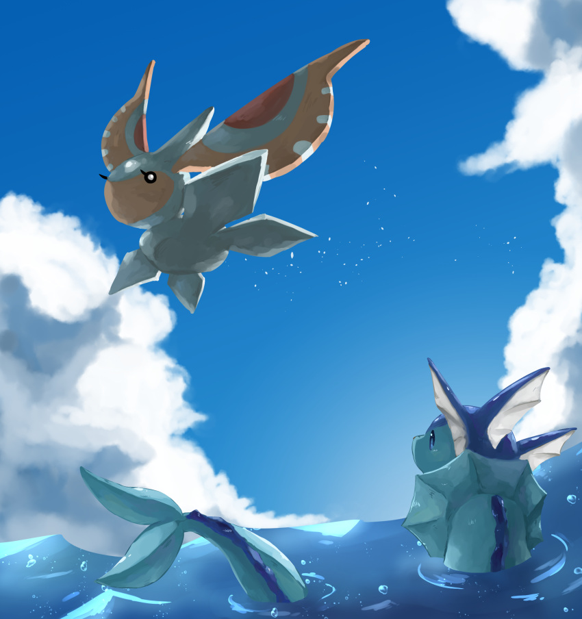 air_bubble blue_eyes blue_sky bright_pupils bubble clouds creature fins flying haru_aki_tibi head_fins highres light_particles masquerain partially_submerged pokemon pokemon_(creature) ripples sky vaporeon water white_pupils