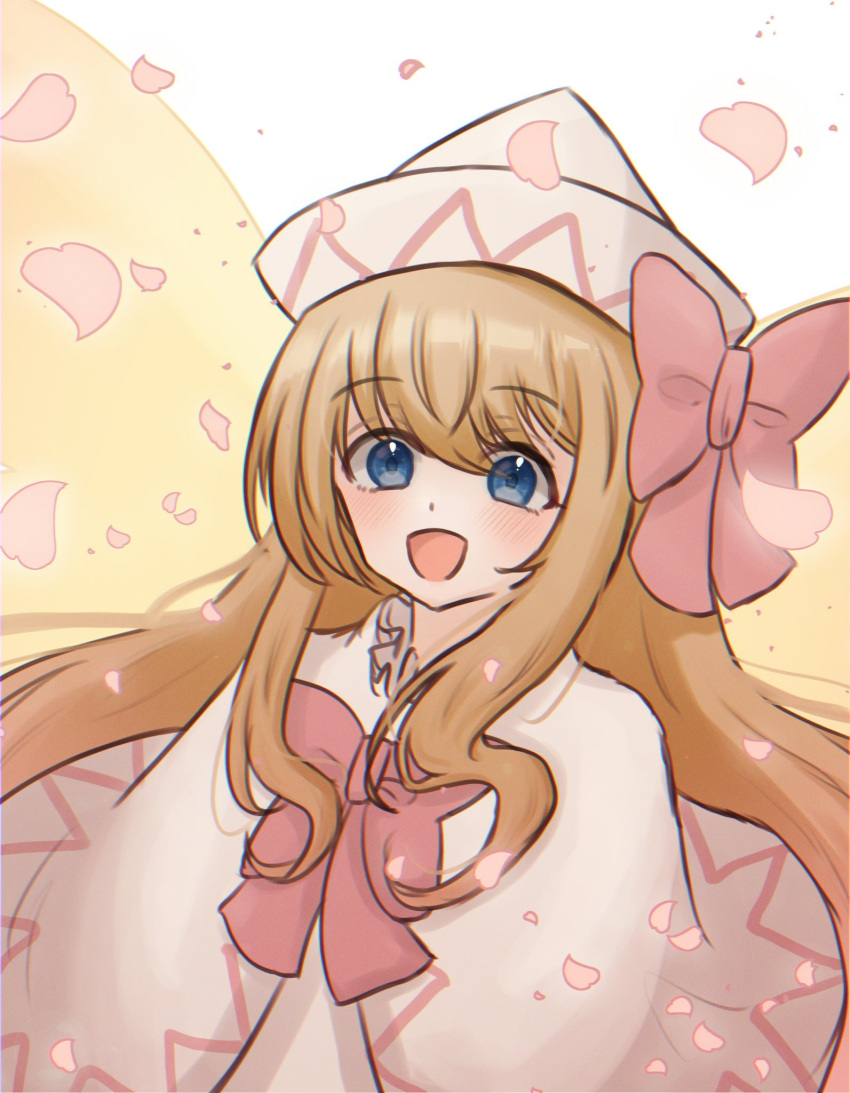 1girl :d blonde_hair blue_eyes bow bowtie capelet commentary hair_bow highres lily_white long_hair looking_at_viewer open_mouth pipita red_bow red_bowtie sidelocks smile solo touhou white_background white_capelet white_headwear