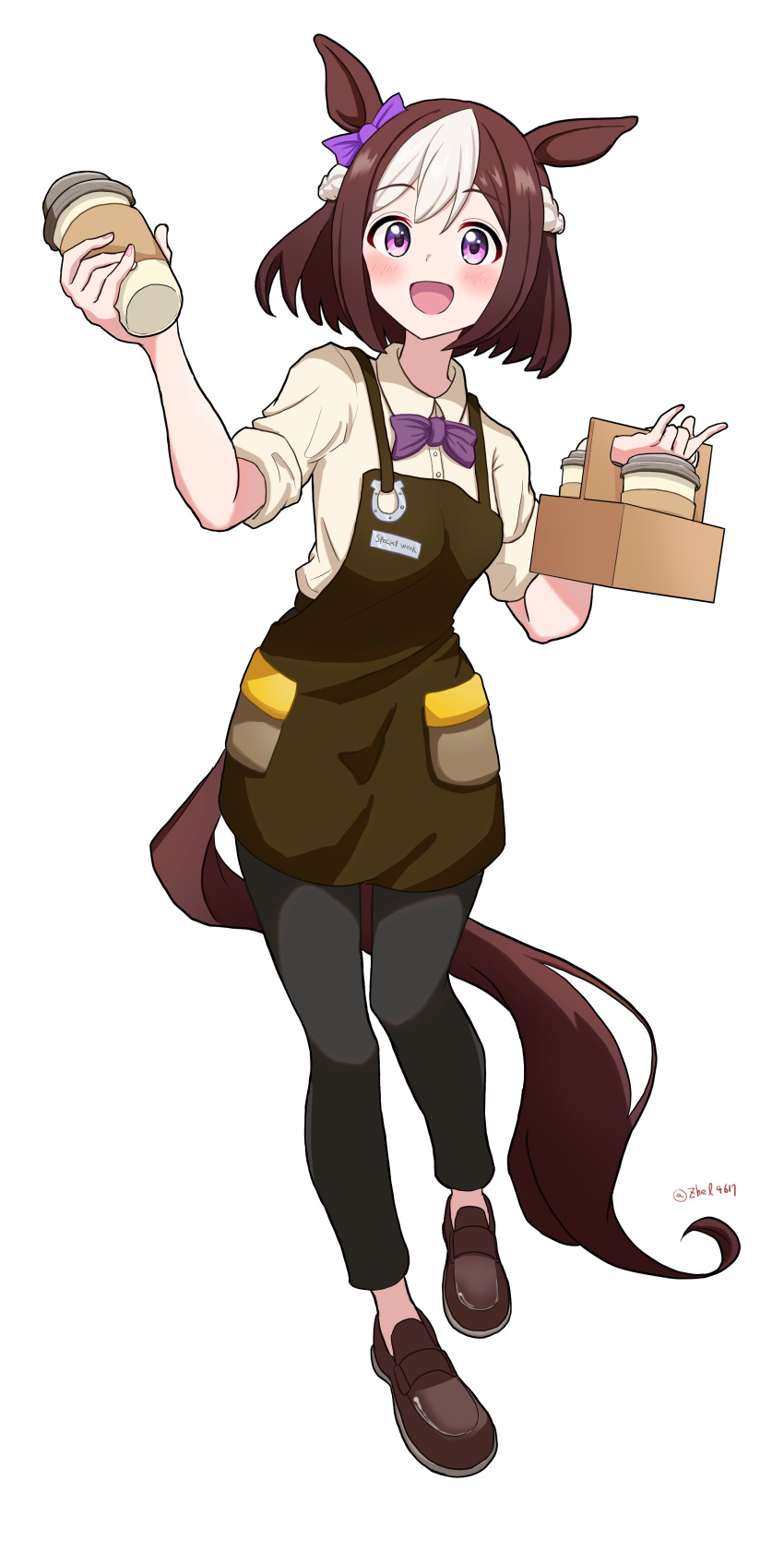1girl absurdres alternate_costume animal_ears apron black_pants blush bow braid brown_apron brown_footwear brown_hair commentary cup ear_bow french_braid full_body highres holding holding_cup horse_ears horse_girl horse_tail hyanyon loafers looking_at_viewer multicolored_hair open_mouth pants purple_bow shirt shoes short_hair simple_background sleeves_rolled_up smile solo special_week_(umamusume) streaked_hair tail twitter_username umamusume violet_eyes white_background white_hair white_shirt