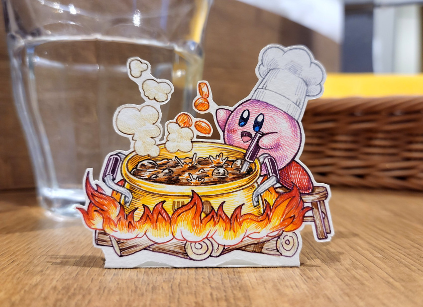 1boy blue_eyes cauldron chef_hat commentary cooking_pot english_commentary fire food hat highres jqhnharqld kirby kirby_(series) kirby_cafe log male_focus open_mouth smile solo steam stew