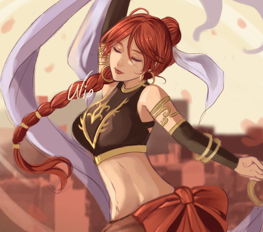 1girl armlet bangle bare_shoulders bracelet braid braided_ponytail breasts closed_eyes dancing detached_sleeves fire_emblem fire_emblem:_the_sacred_stones fire_emblem_heroes highres jewelry lipstick long_hair makeup medium_breasts midriff navel red_lips redhead schereas shawl smile solo tethys_(fire_emblem) unfinished