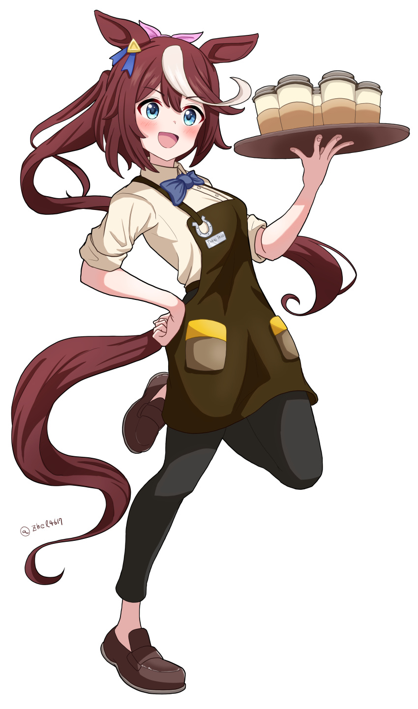 1girl absurdres alternate_costume animal_ears apron barista black_pants blue_bow blue_bowtie blue_eyes blush bow bowtie brown_apron brown_hair commentary cup disposable_cup ear_bow full_body hand_on_own_hip highres holding holding_tray horse_ears horse_girl horse_tail hyanyon loafers looking_at_viewer open_mouth pants pink_bow ponytail shirt shoes simple_background sleeves_rolled_up smile solo tail tokai_teio_(umamusume) tray twitter_username umamusume white_background white_shirt
