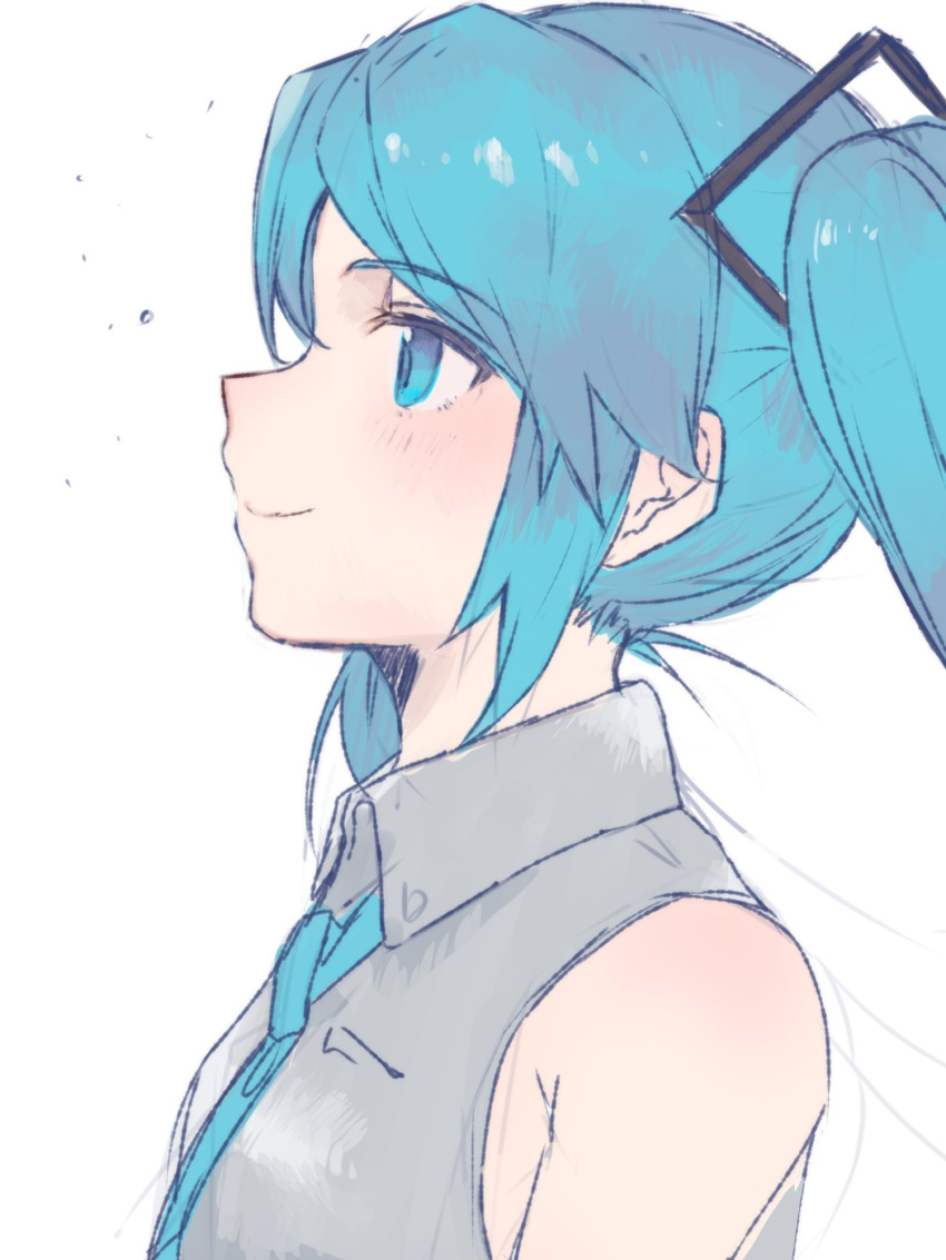1girl bare_shoulders blue_eyes blue_hair blue_necktie closed_mouth collared_shirt commentary from_side grey_shirt hatsune_miku heremia highres long_hair looking_away necktie shirt simple_background sketch sleeveless sleeveless_shirt smile solo twintails vocaloid white_background