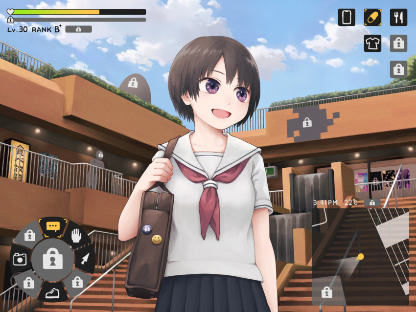 1girl 1other bag black_skirt blue_sky brown_hair building clouds day gameplay_mechanics health_bar minimap neckerchief open_mouth original outdoors pleated_skirt red_neckerchief school_bag school_uniform serafuku short_hair skirt sky solo_focus stairs user_interface vending_machine violet_eyes yajirushi_(chanoma)