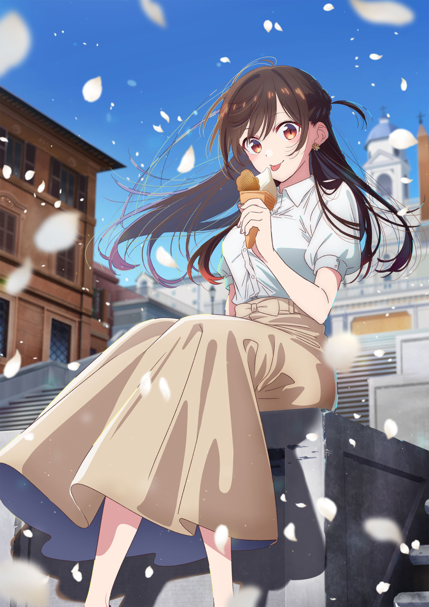 1girl absurdres blue_sky brown_eyes brown_hair brown_skirt building closed_mouth collared_shirt day dress_shirt eating floating_hair food highres hirayama_kanna holding_ice_cream ice_cream kanojo_okarishimasu long_hair looking_at_viewer mizuhara_chizuru official_art outdoors petals shirt short_sleeves sitting skirt sky smile solo tongue tongue_out white_petals white_shirt