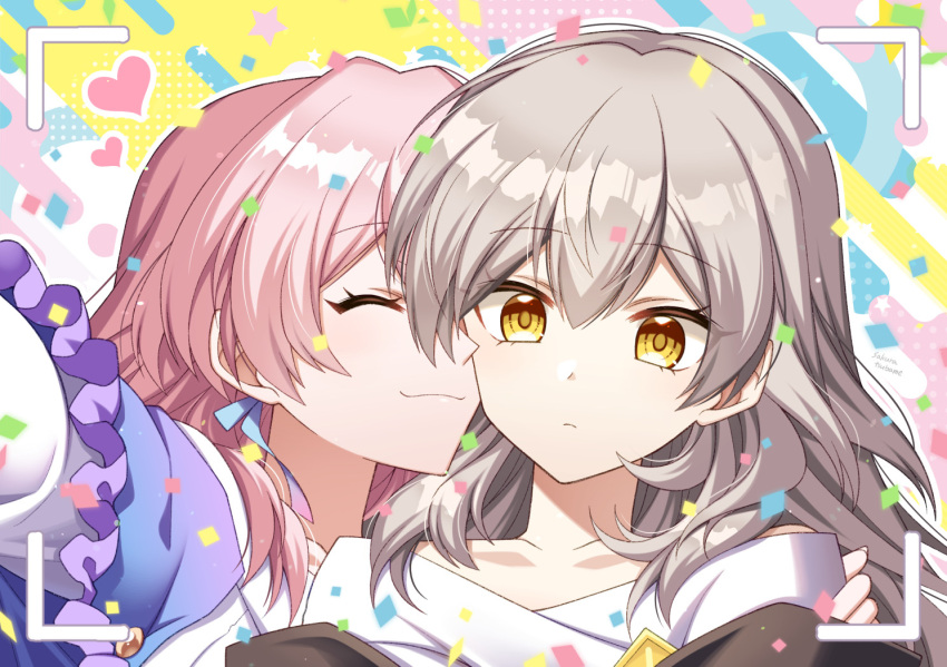 2girls ^_^ closed_eyes closed_mouth collarbone commentary_request confetti egasumi grey_hair hair_between_eyes heart honkai:_star_rail honkai_(series) long_hair march_7th_(honkai:_star_rail) multiple_girls outline pink_hair sakura_tsubame selfie shirt stelle_(honkai:_star_rail) trailblazer_(honkai:_star_rail) upper_body viewfinder white_outline white_shirt yellow_eyes