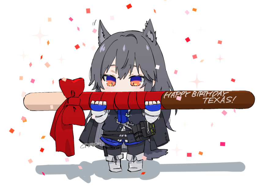 1girl animal_ears arknights artist_name black_coat black_hair black_pantyhose black_vest blue_eyes blue_gloves blue_necktie blue_shorts blush bow character_name chibi citron80citron coat commentary confetti ear_piercing fingerless_gloves food full_body gloves gradient_eyes hair_between_eyes happy_birthday holding holding_food holding_pocky long_hair long_sleeves multicolored_eyes necktie official_alternate_costume orange_eyes pantyhose pantyhose_under_shorts piercing pocky red_bow shirt shorts sidelocks simple_background solo sparkle tail texas_(arknights) texas_the_omertosa_(arknights) thigh_strap vest white_background white_footwear white_shirt wolf_ears wolf_girl wolf_tail