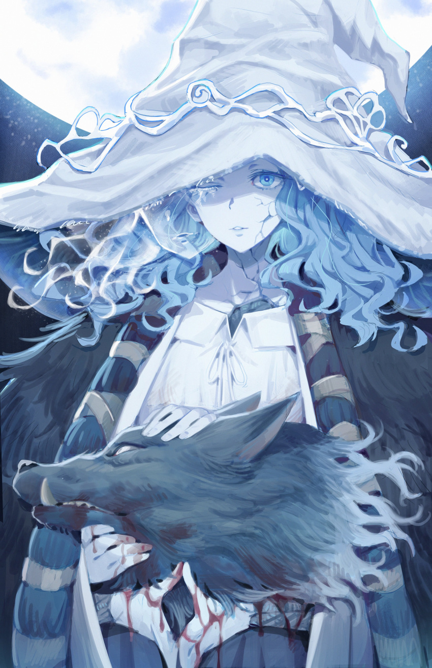 1girl absurdres blood blue_eyes blue_hair cloak colored_skin commentary_request cracked_skin dress elden_ring extra_arms full_moon hat highres kunikune long_hair looking_at_viewer moon parted_lips ranni_the_witch solo upper_body wavy_hair white_dress white_skin witch_hat wolf_head
