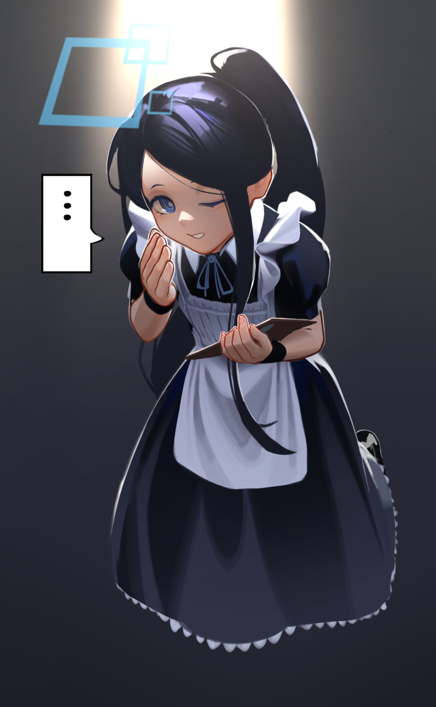 ... 1girl absurdly_long_hair absurdres apron aris_(blue_archive) aris_(maid)_(blue_archive) backlighting black_footwear black_hair blue_archive blue_eyes blue_ribbon bright_pupils cloud_nine_(798392138) dress forehead frilled_apron frills halo highres kneeling long_dress long_hair looking_at_viewer maid_apron neck_ribbon official_alternate_costume parted_bangs ponytail puffy_short_sleeves puffy_sleeves ribbon ringed_eyes short_sleeves solo speech_bubble spoken_ellipsis very_long_hair whispering white_apron white_pupils wrist_cuffs