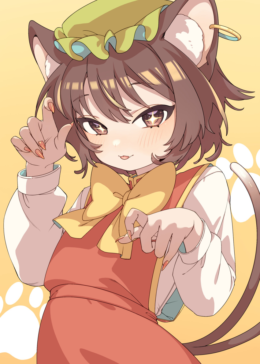 1girl absurdres animal_ear_fluff animal_ears blush brown_eyes brown_hair cat_ears cat_tail chen dress e_sdss earrings fingernails green_headwear hat highres jewelry long_fingernails long_sleeves looking_at_viewer mob_cap multiple_tails nail_polish nekomata red_dress red_nails sharp_fingernails shirt short_hair simple_background single_earring smile solo tail tongue tongue_out touhou two_tails upper_body white_shirt yellow_background