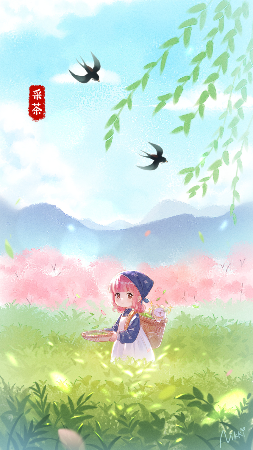 1girl apron basket bird blue_dress blush brown_eyes cat chinese_commentary clear_sky clouds commentary_request copyright_name day dress grass highres holding holding_basket leaf looking_at_viewer momo_(miracle_nikki) mountainous_horizon nikki_(miracle_nikki) official_art pink_hair red_ribbon ribbon shaded_face shining_nikki signature sky tree white_apron white_cat wind yellow_cloak