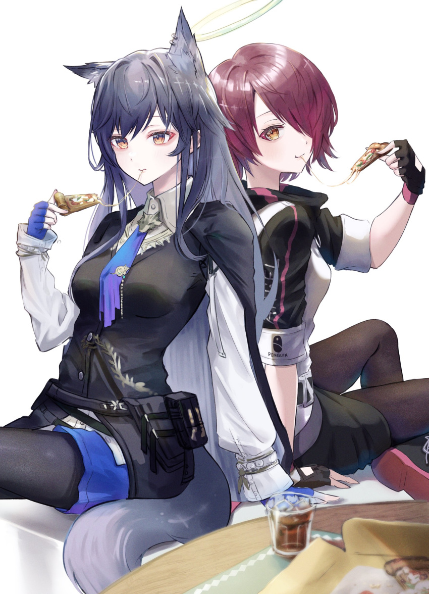 2girls absurdres angel animal_ear_fluff animal_ears arknights arm_support back-to-back black_coat black_jacket black_vest blue_gloves blue_shorts blurry blurry_foreground coat collared_shirt commentary cowboy_shot cup eating exusiai_(arknights) fingerless_gloves food gloves green_necktie hair_over_one_eye halo highres holding holding_food holding_pizza jacket looking_at_viewer multiple_girls necktie official_alternate_costume pantyhose_under_shorts penguin_logistics_logo pizza raglan_sleeves redhead shirt short_hair shorts sidelocks simple_background slime_empire tail texas_(arknights) texas_the_omertosa_(arknights) vest white_background white_jacket white_shirt wolf_ears wolf_girl wolf_tail yellow_eyes